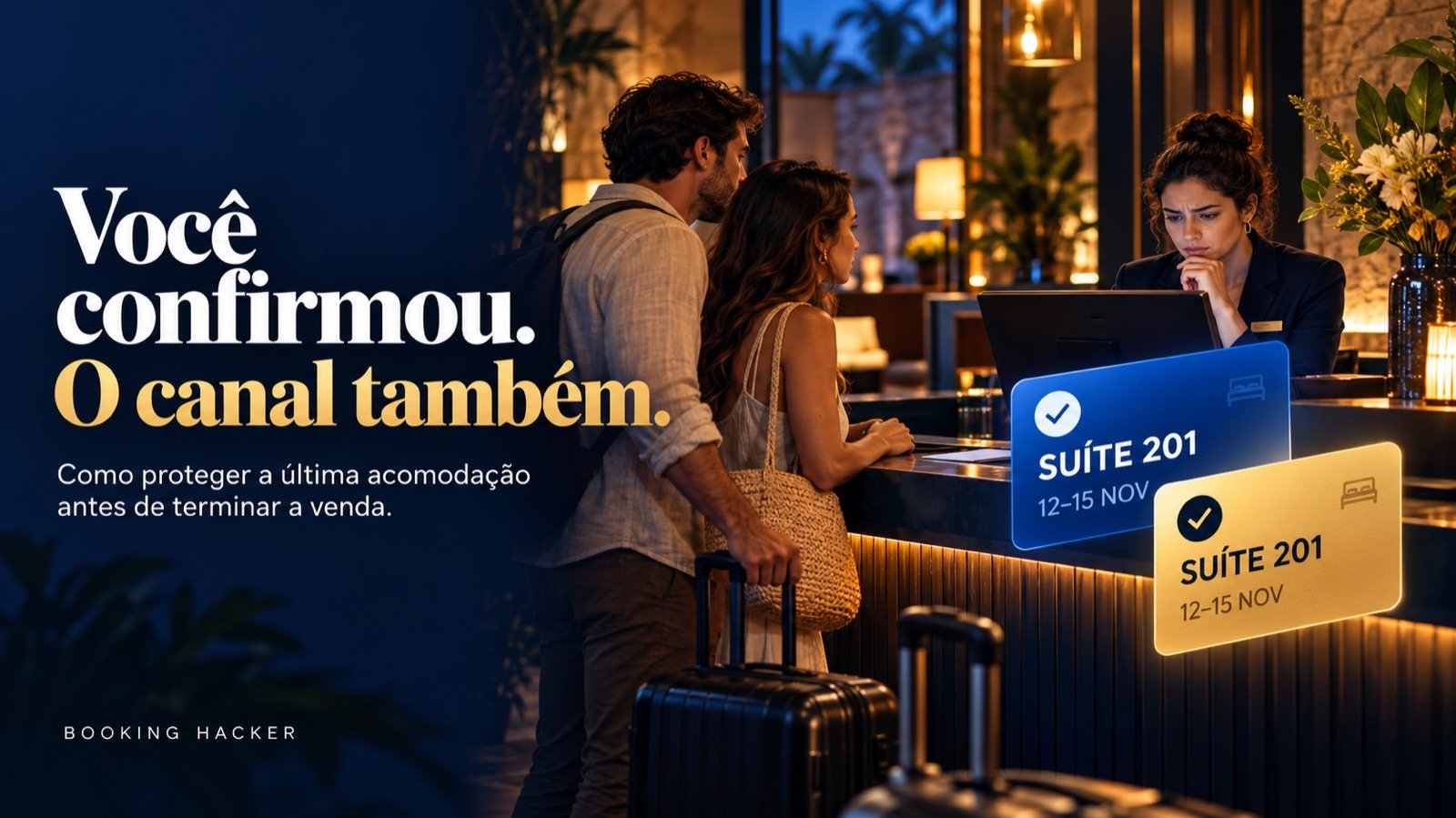 Recepcionista diante de duas confirmações para a mesma suíte e datas, enquanto um casal aguarda atendimento. Ilustração conceitual.
