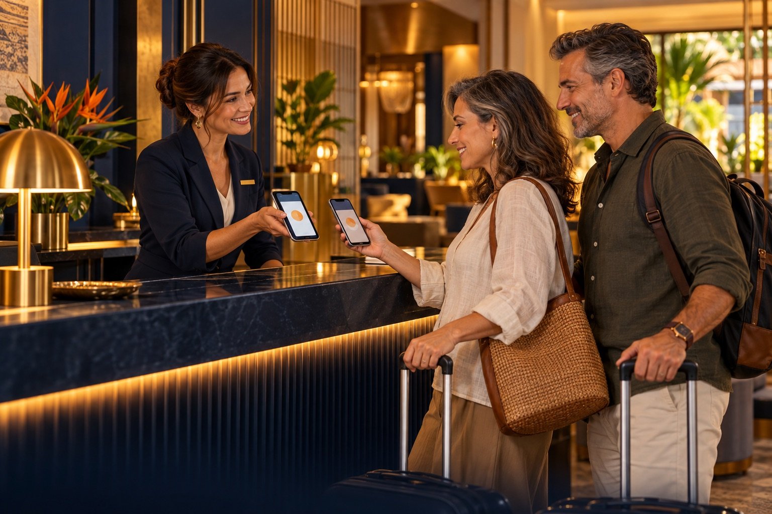 Ilustração de uma profissional de hotel atendendo hóspedes com pagamento pelo celular, em ambiente azul-escuro e dourado.