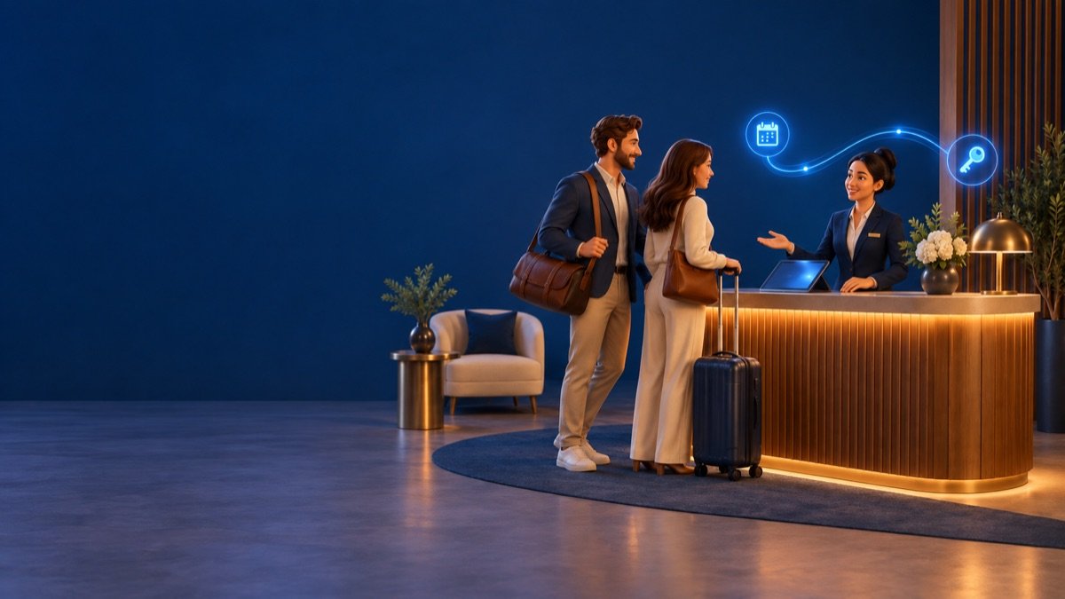 Ilustração 3D em cenário contínuo: recepcionista acolhe um casal em um hotel, com luzes azuis simbolizando tecnologia.