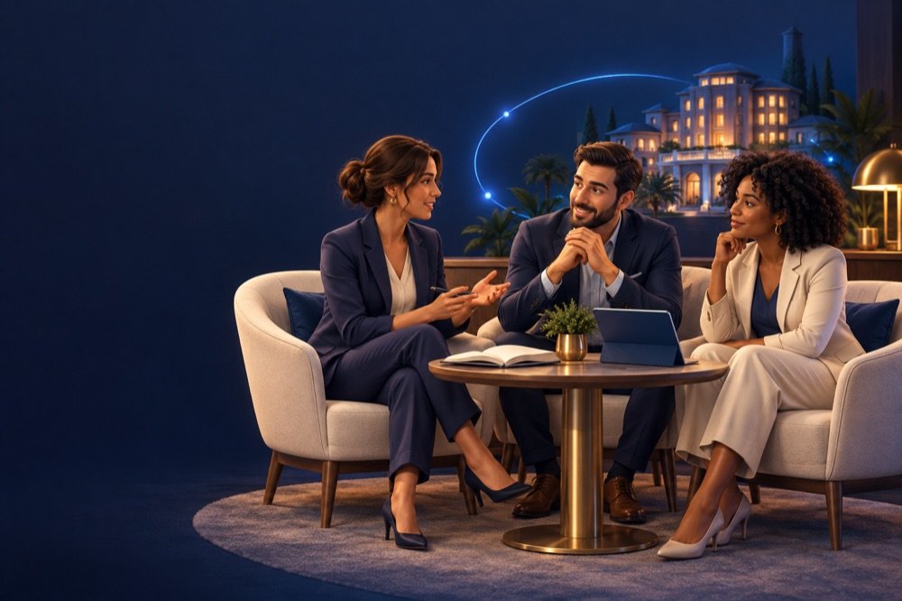 Ilustração 3D: três gestores conversam em um lounge de hotel acolhedor, com detalhes tecnológicos azuis.
