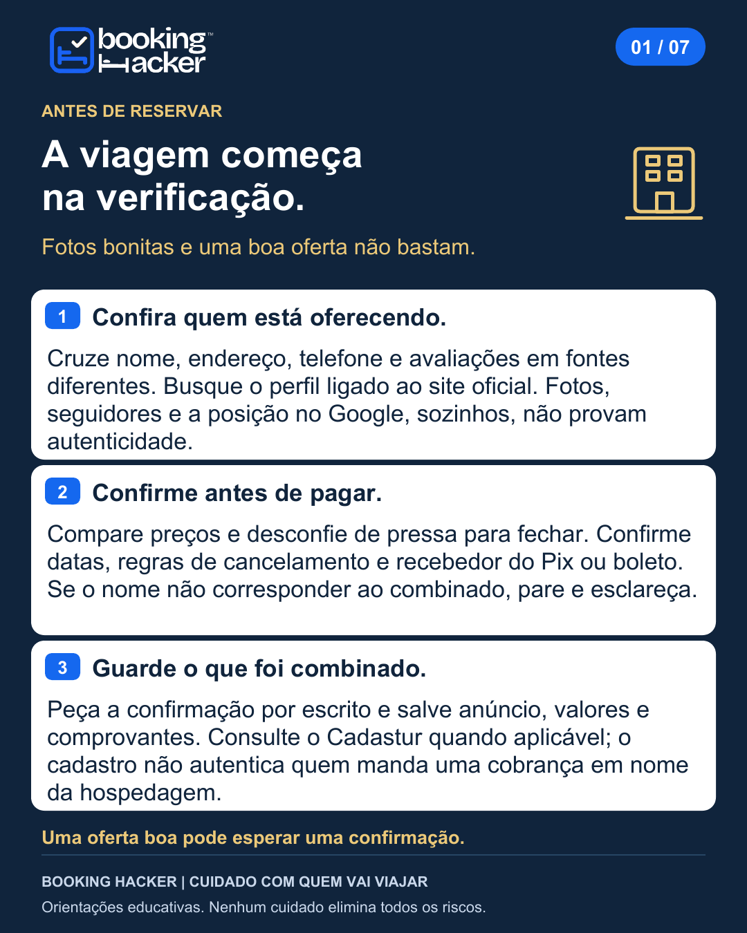 Capa do miniguia Reserva tranquila: antes de reservar, clicar ou pagar