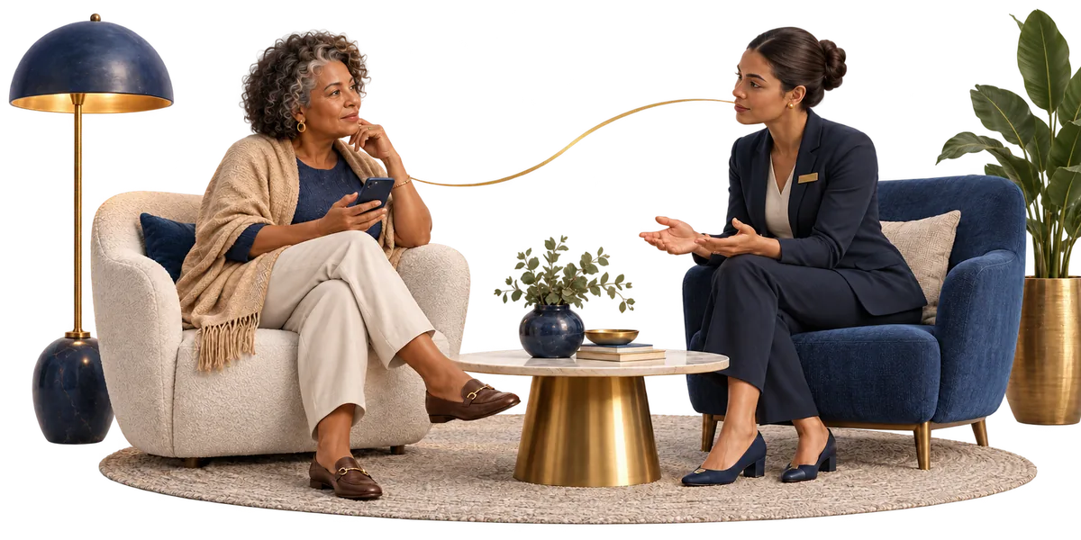 Ilustração de uma profissional de hotelaria acolhendo uma viajante e conversando sobre uma mensagem no celular.